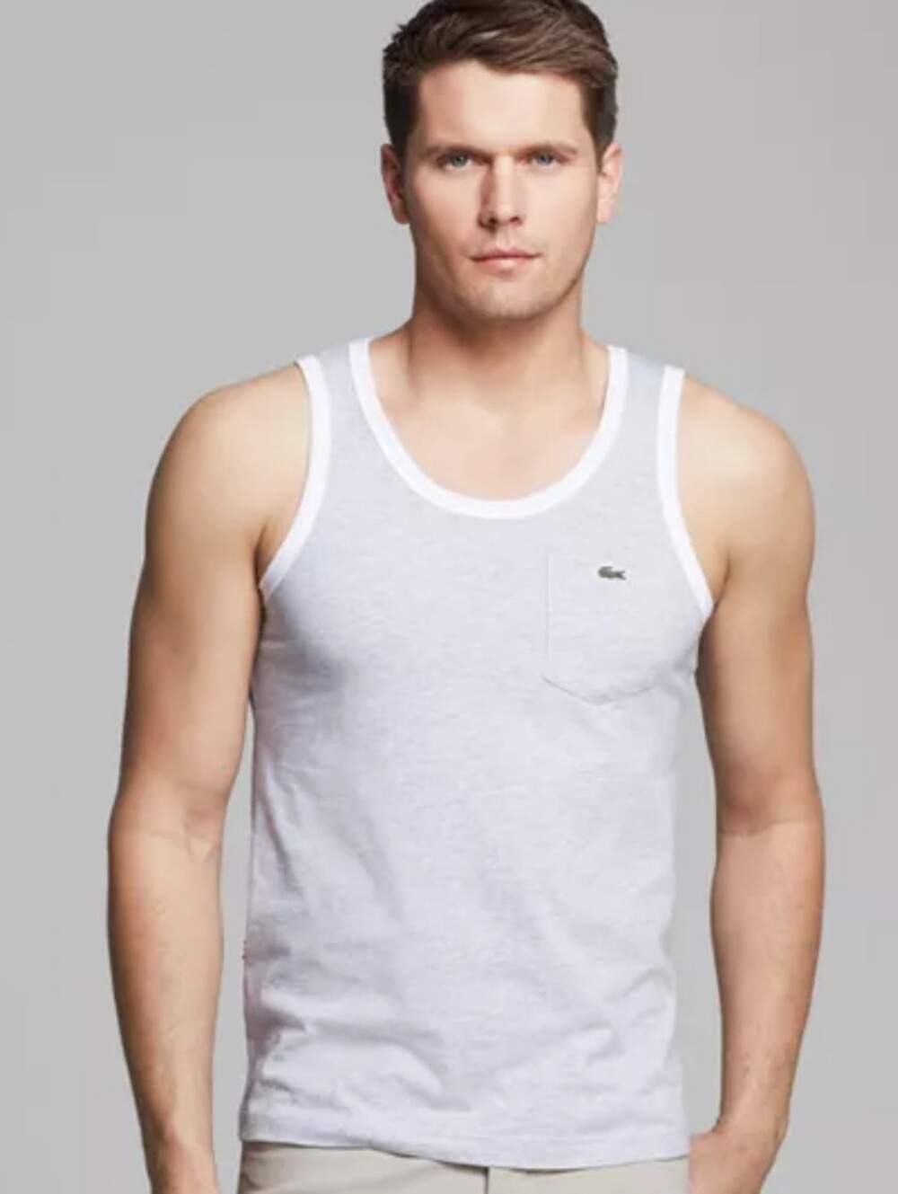 Lacoste Light Gray & White Slim Fit Men's Tank Top with Chest Pocket Cotton